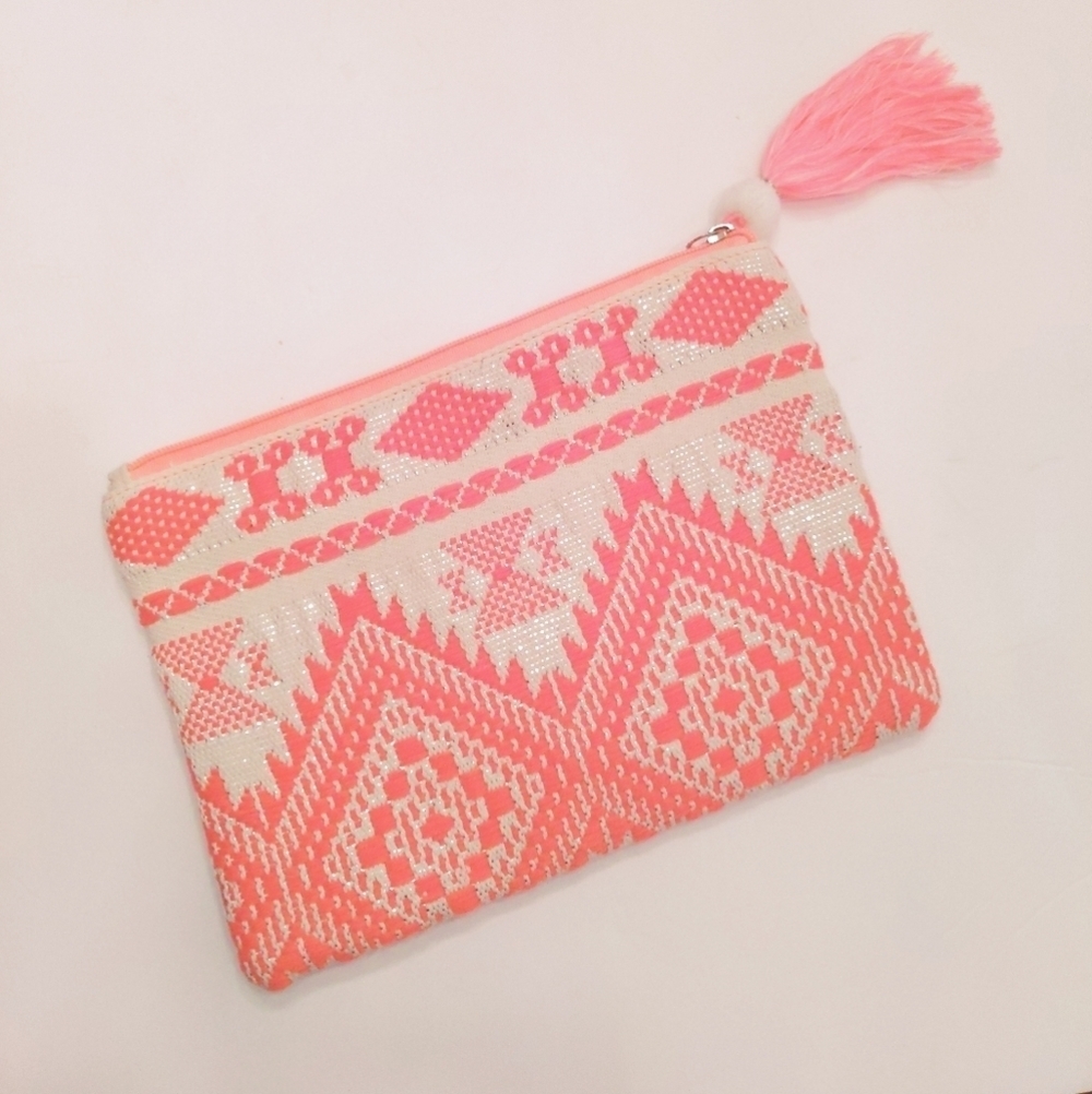 Hot neon pink tribal embroidered clutch tassle FREE ZARA